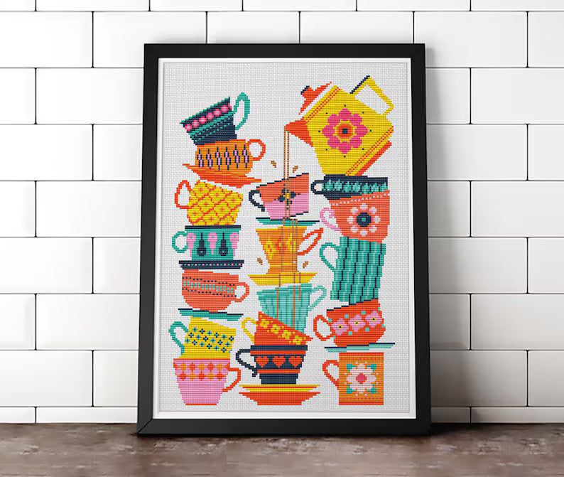 Happy Teacups Sampler - Cross Stitch Pattern (Digital Format - PDF)