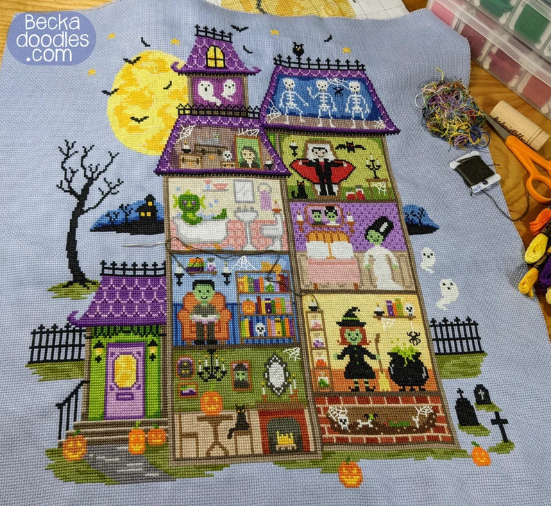 Haunted House Cross Stitch Pattern, Halloween Home Decor (Printable/Digital Pattern) Instant Download