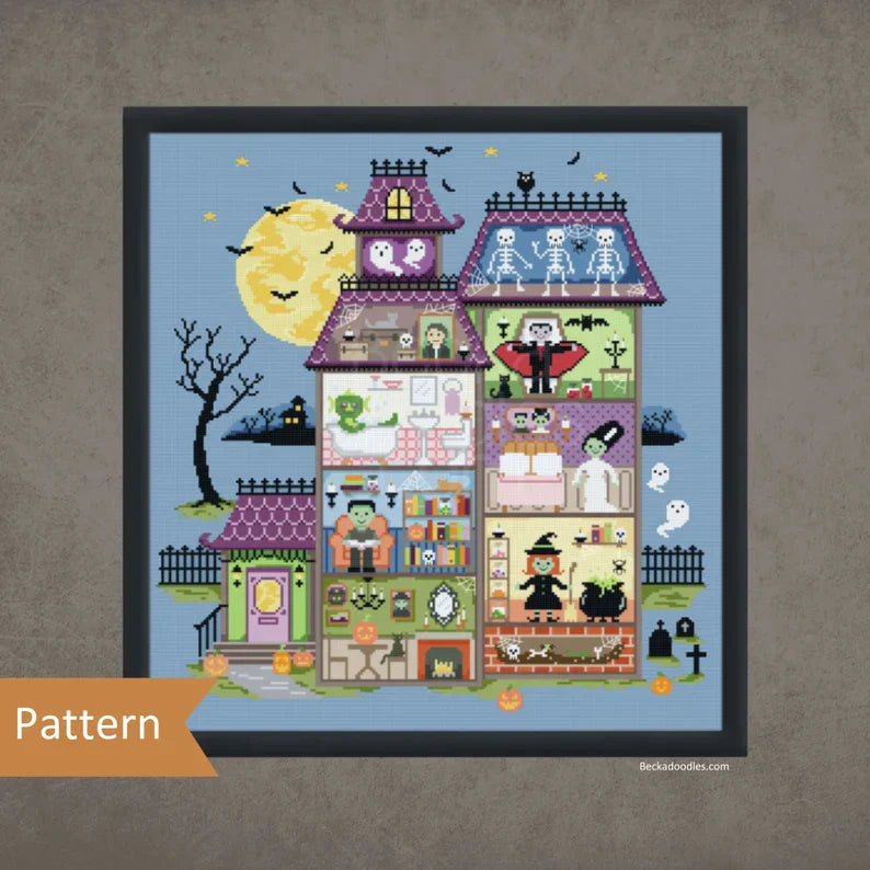 Haunted House Cross Stitch Pattern, Halloween Home Decor (Printable/Digital Pattern) Instant Download