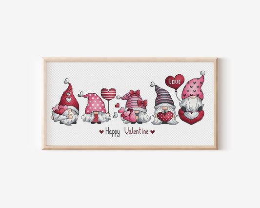 Valentine Gnomes Cross Stitch, Gnomes Hand Embroidery Design, Fairy Gnome Love Needlepoint Pattern, Digital File Instant Download PDF