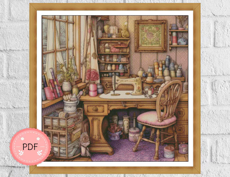 Cross Stitch Pattern Vintage Fabric Shop Sewing Room,Pdf,Instant Download,Interior Design,Full Coverage Full Coverage
