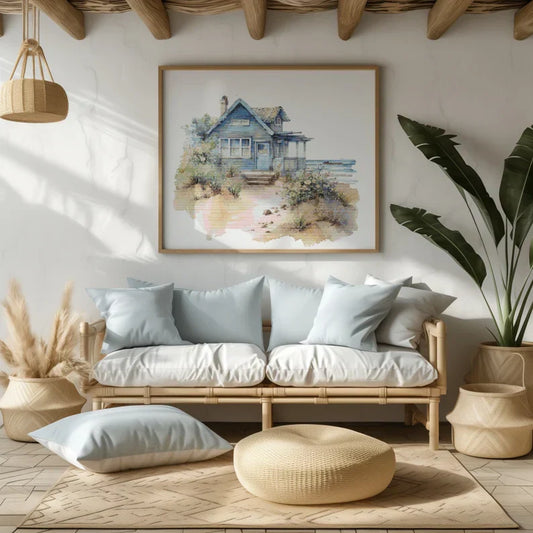 Cross Stitch Pattern With Seaside Cottage, Beach House Cross Stitch Designs, Coastal Embroidery Pattern, Counted, Seascape Cross Stitch Pdf