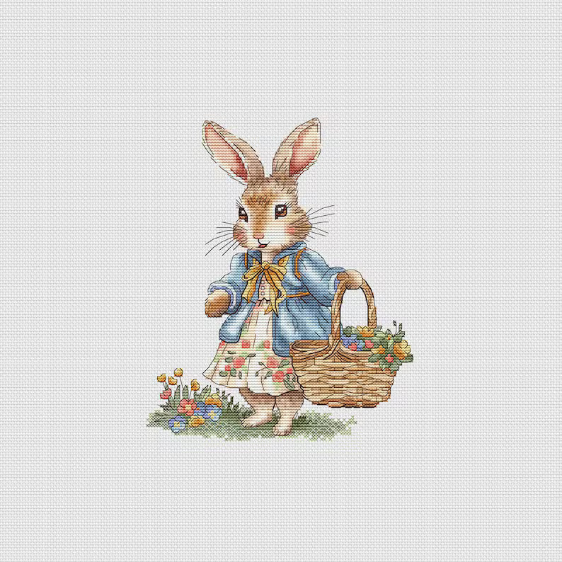 Rabbit Girl Cross Stitch Pattern: Bunny with Flowers (PDF Digital File) Instant Download