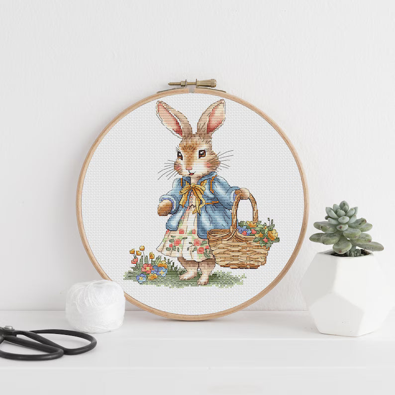 Rabbit Girl Cross Stitch Pattern: Bunny with Flowers (PDF Digital File) Instant Download