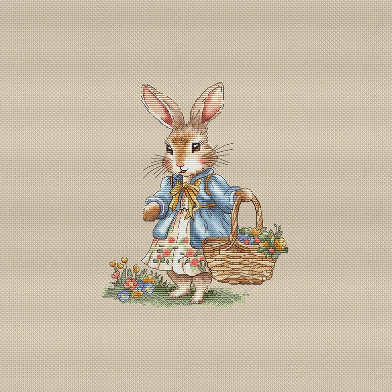 Rabbit Couple Cross Stitch Pattern: Spring Flower Basket (PDF Digital File) Instant Download