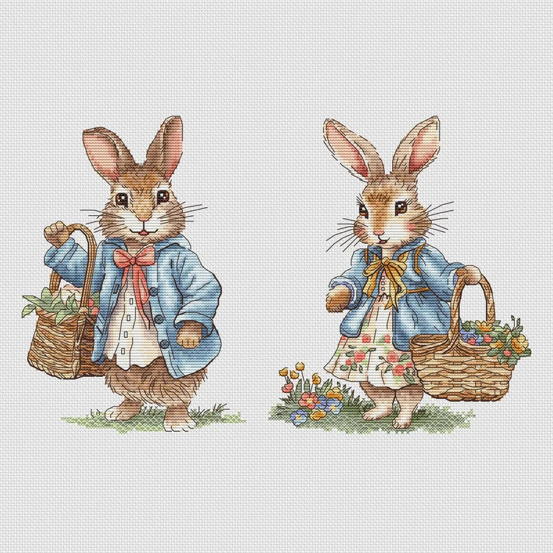 Rabbit Couple Cross Stitch Pattern: Spring Flower Basket (PDF Digital File) Instant Download