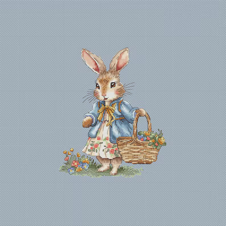 Rabbit Girl Cross Stitch Pattern: Bunny with Flowers (PDF Digital File) Instant Download