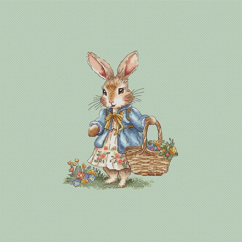 Rabbit Couple Cross Stitch Pattern: Spring Flower Basket (PDF Digital File) Instant Download