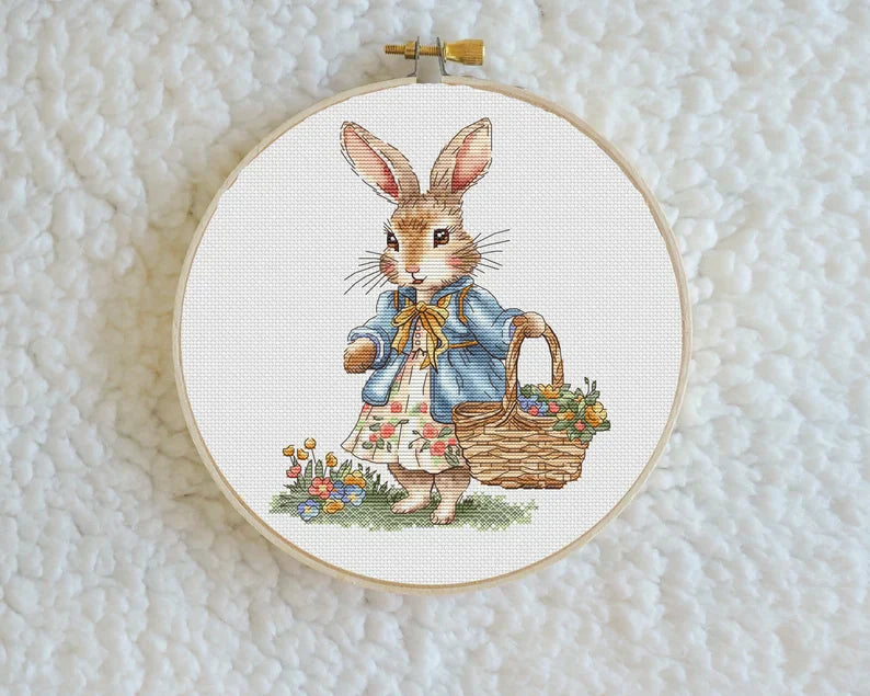 Rabbit Girl Cross Stitch Pattern: Bunny with Flowers (PDF Digital File) Instant Download