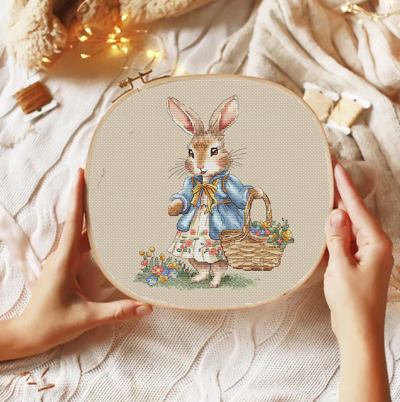 Rabbit Girl Cross Stitch Pattern: Bunny with Flowers (PDF Digital File) Instant Download