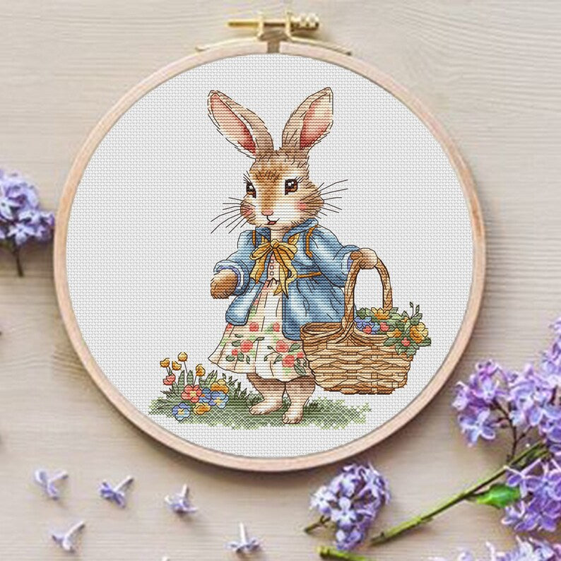 Rabbit Girl Cross Stitch Pattern: Bunny with Flowers (PDF Digital File) Instant Download