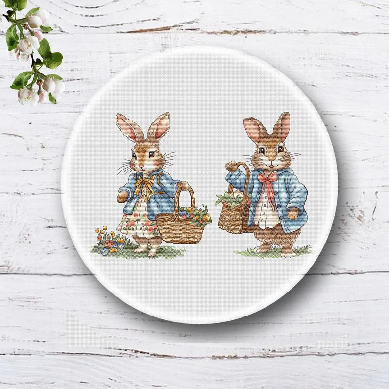 Rabbit Couple Cross Stitch Pattern: Spring Flower Basket (PDF Digital File) Instant Download