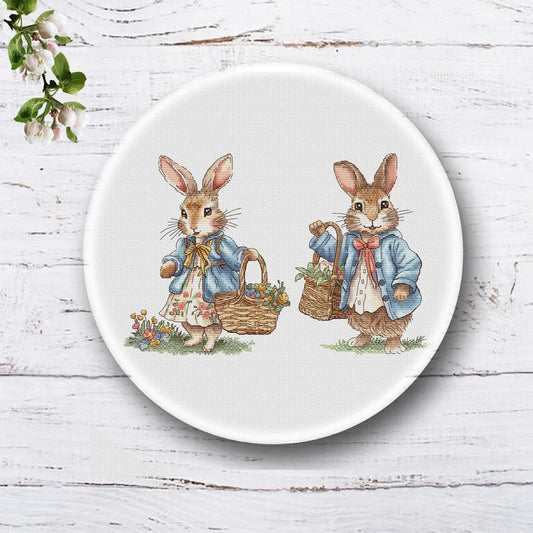 Rabbit Couple Cross Stitch Pattern: Spring Flower Basket (PDF Digital File) Instant Download
