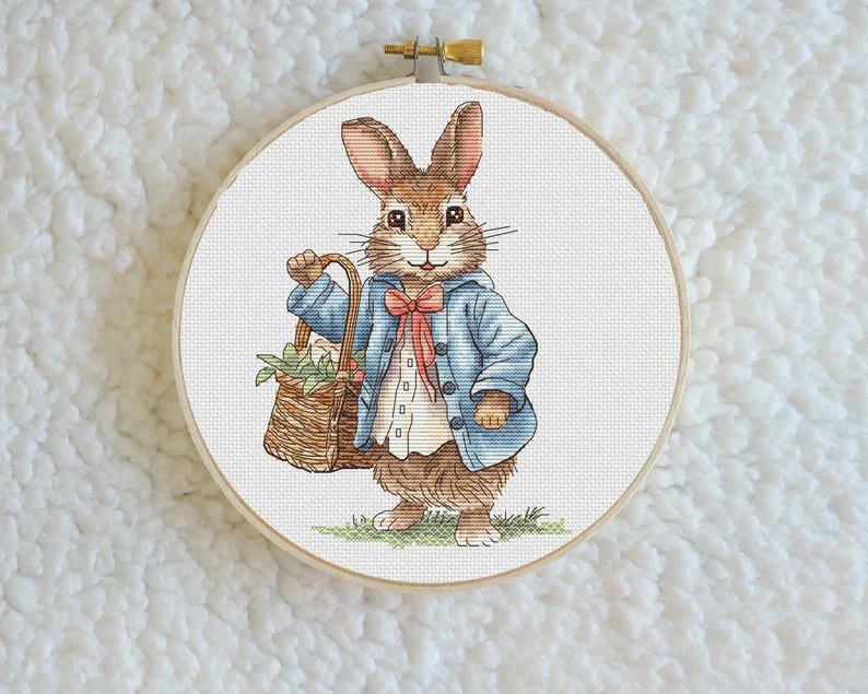 Rabbit Couple Cross Stitch Pattern: Spring Flower Basket (PDF Digital File) Instant Download