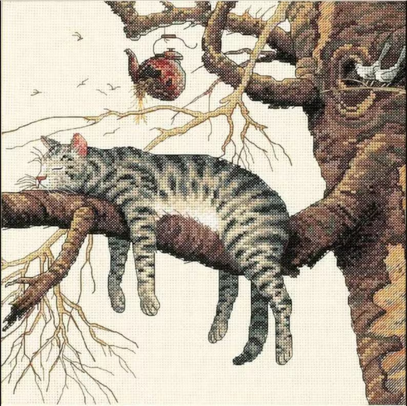 Cross Stitch Pattern Too Tired (Too pooped), Instant Download PDF + XSD Saga, Animal Design, Sleeping cat on a branch, Instant Download Instant Download