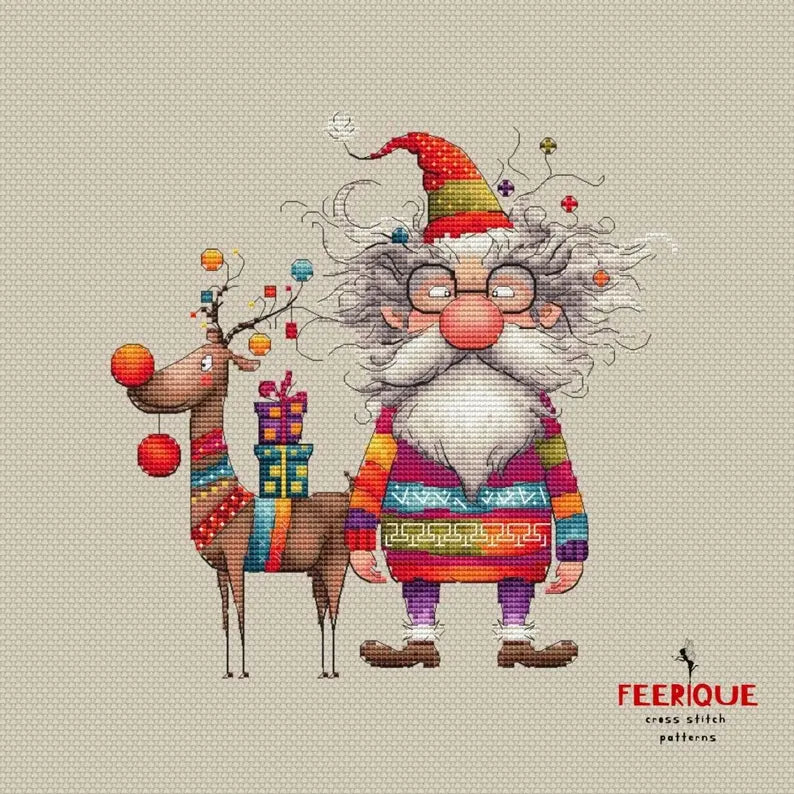 Festive Christmas Cross Stitch Pattern: Santa Claus and Reindeer Delight, digital Saga, PDF, funny grandfather frost, humorous reindeer
