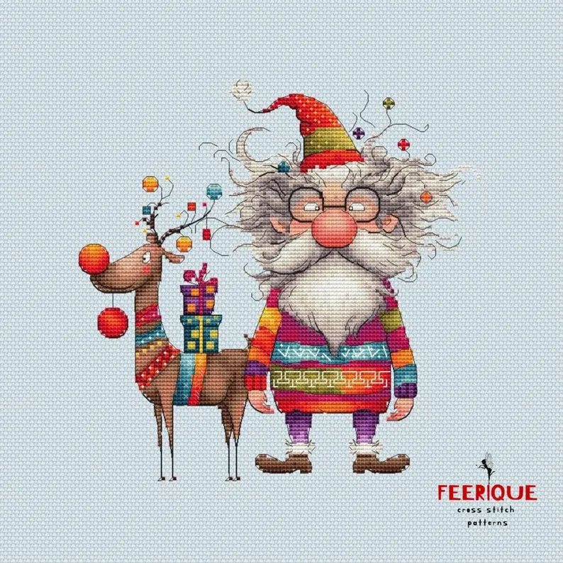 Festive Christmas Cross Stitch Pattern: Santa Claus and Reindeer Delight, digital Saga, PDF, funny grandfather frost, humorous reindeer