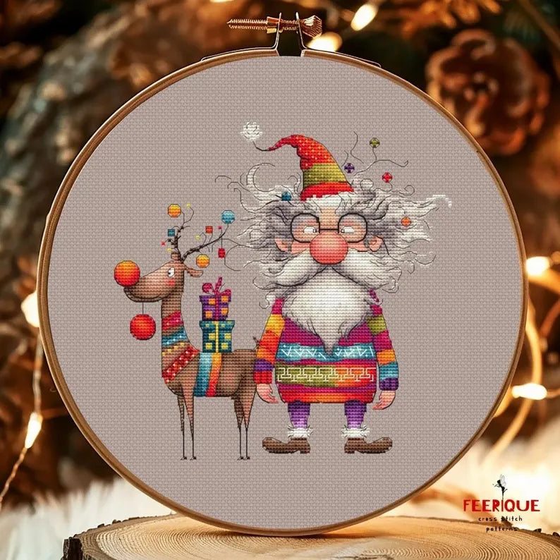 Festive Christmas Cross Stitch Pattern: Santa Claus and Reindeer Delight, digital Saga, PDF, funny grandfather frost, humorous reindeer