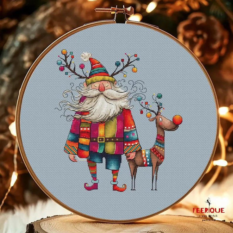 Funny Grandfather Frost and Reindeer, Christmas Cross Stitch Pattern – Humorous Holiday Embroidery Scheme, digital PDF, Saga, needlework art