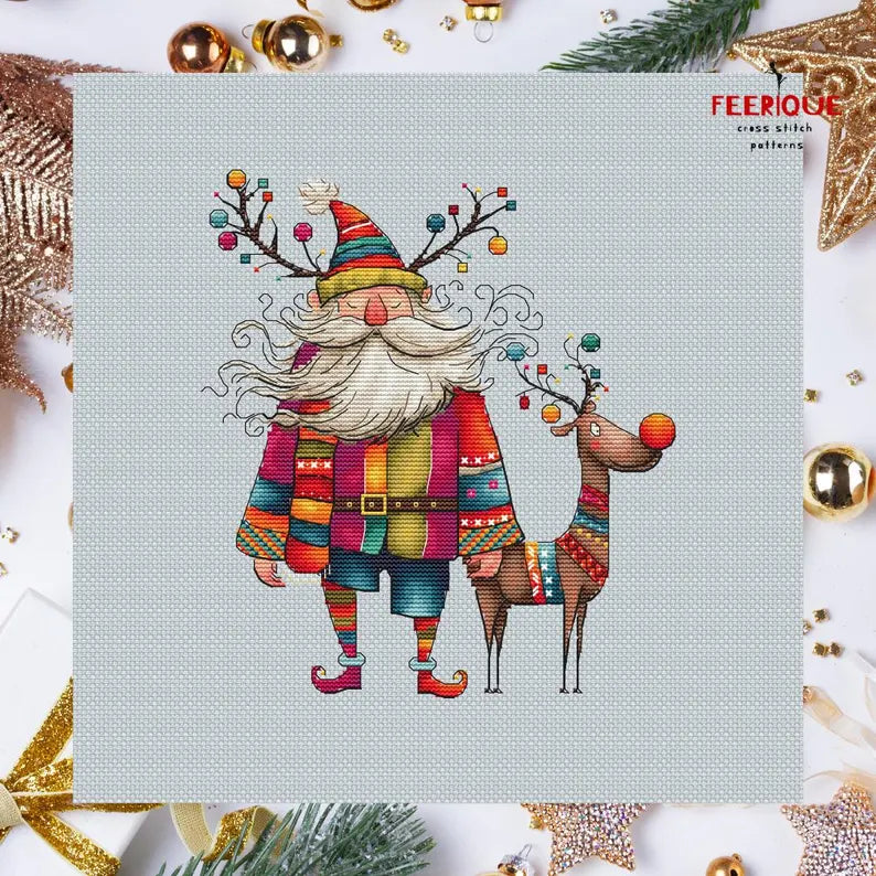 Funny Grandfather Frost and Reindeer, Christmas Cross Stitch Pattern – Humorous Holiday Embroidery Scheme, digital PDF, Saga, needlework art