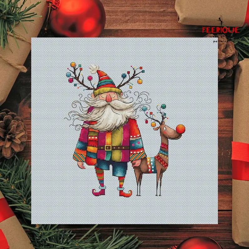 Funny Grandfather Frost and Reindeer, Christmas Cross Stitch Pattern – Humorous Holiday Embroidery Scheme, digital PDF, Saga, needlework art