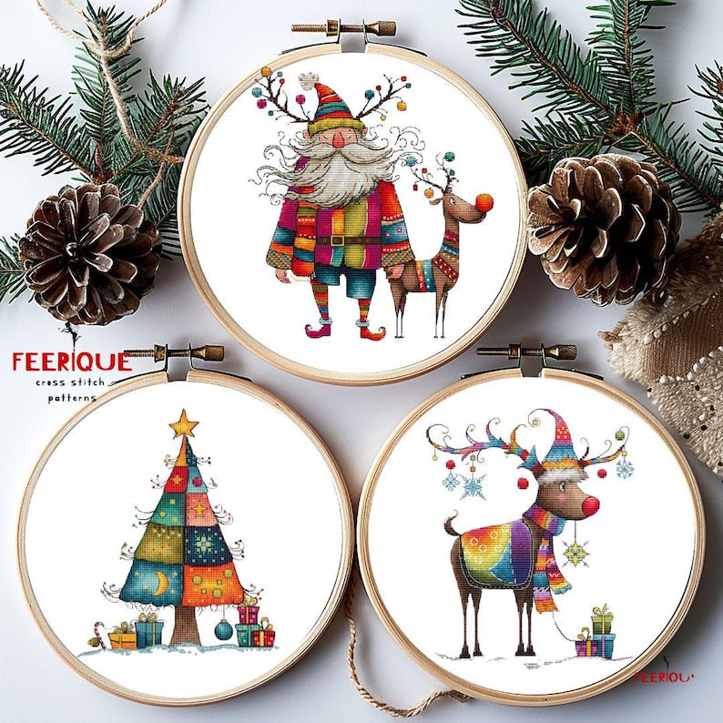 Set of 3 Humorous Christmas Cross Stitch Patterns - Santa, Reindeer, & Christmas Tree, Funny Grandfather Frost, Reindeer, Digital PDF Chart