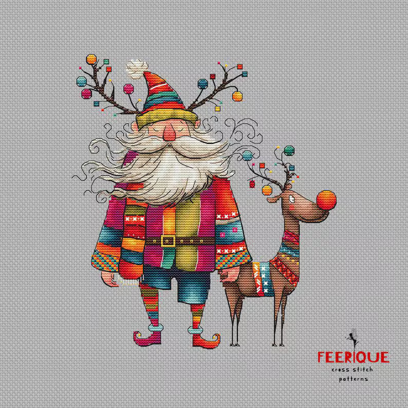 Set of 3 Humorous Christmas Cross Stitch Patterns - Santa, Reindeer, & Christmas Tree, Funny Grandfather Frost, Reindeer, Digital PDF Chart