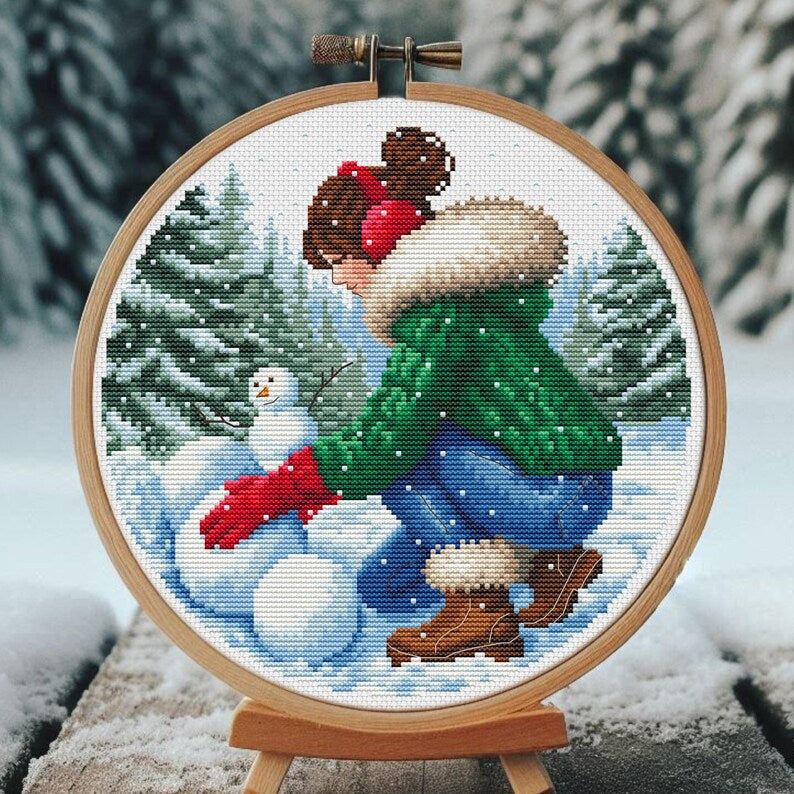 Winter Snowman Cross Stitch Pattern: Girl in Forest Instant Download