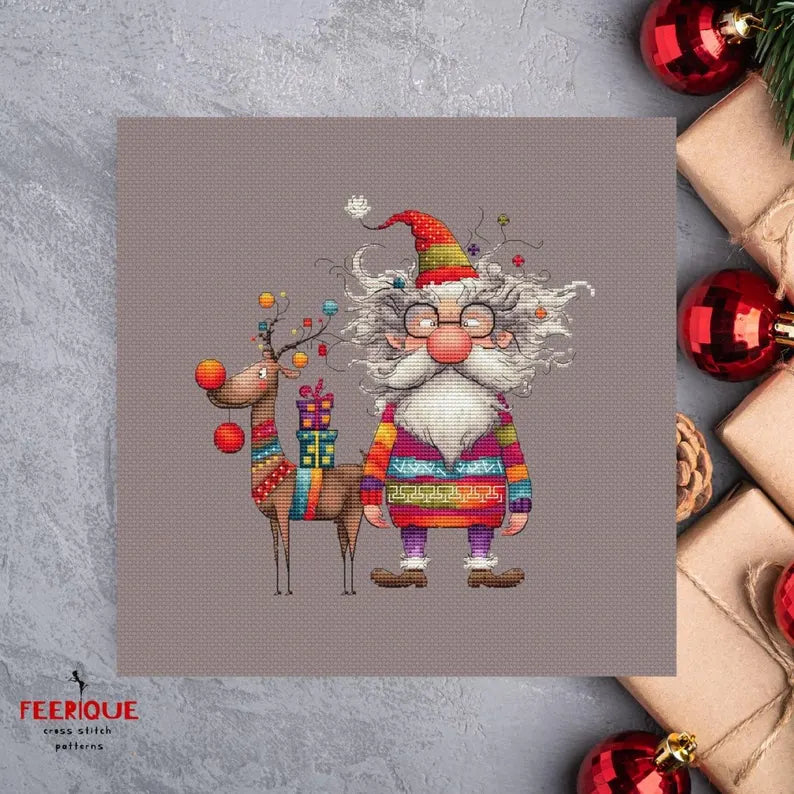 Festive Christmas Cross Stitch Pattern: Santa Claus and Reindeer Delight, digital Saga, PDF, funny grandfather frost, humorous reindeer