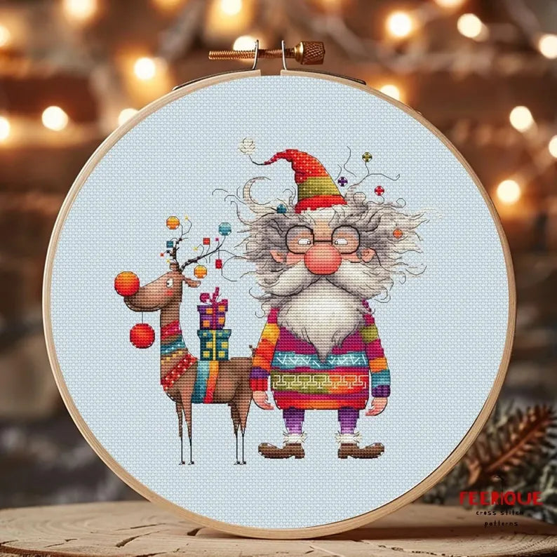 Festive Christmas Cross Stitch Pattern: Santa Claus and Reindeer Delight, digital Saga, PDF, funny grandfather frost, humorous reindeer