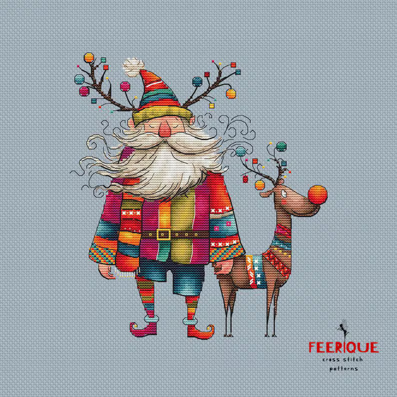 Set of 3 Humorous Christmas Cross Stitch Patterns - Santa, Reindeer, & Christmas Tree, Funny Grandfather Frost, Reindeer, Digital PDF Chart