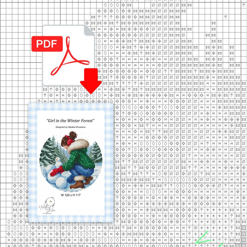 Winter Snowman Cross Stitch Pattern: Girl in Forest Instant Download