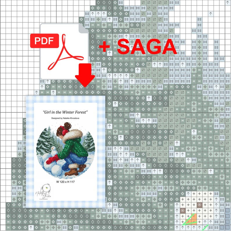 Winter Snowman Cross Stitch Pattern: Girl in Forest Instant Download