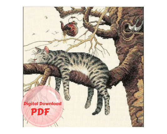 Cross Stitch Pattern Too Tired (Too pooped), Instant Download PDF + XSD Saga, Animal Design, Sleeping cat on a branch, Instant Download Instant Download