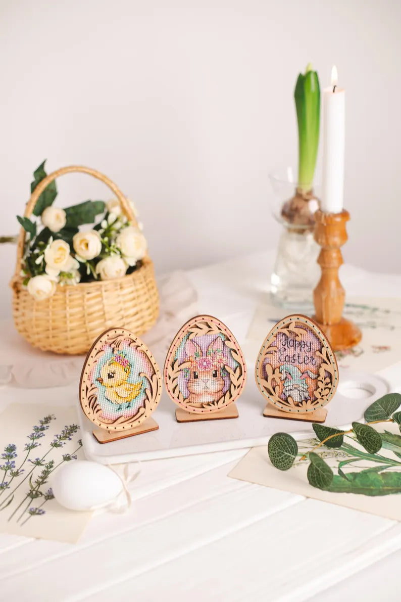 Cross stitch KIT: Easter Eggs, Spring, Flowers, Gnome, Rabbit, Chicken, Plastic canvas, Small, Needlework, Cute, Modern, Cards, Craft, DIY