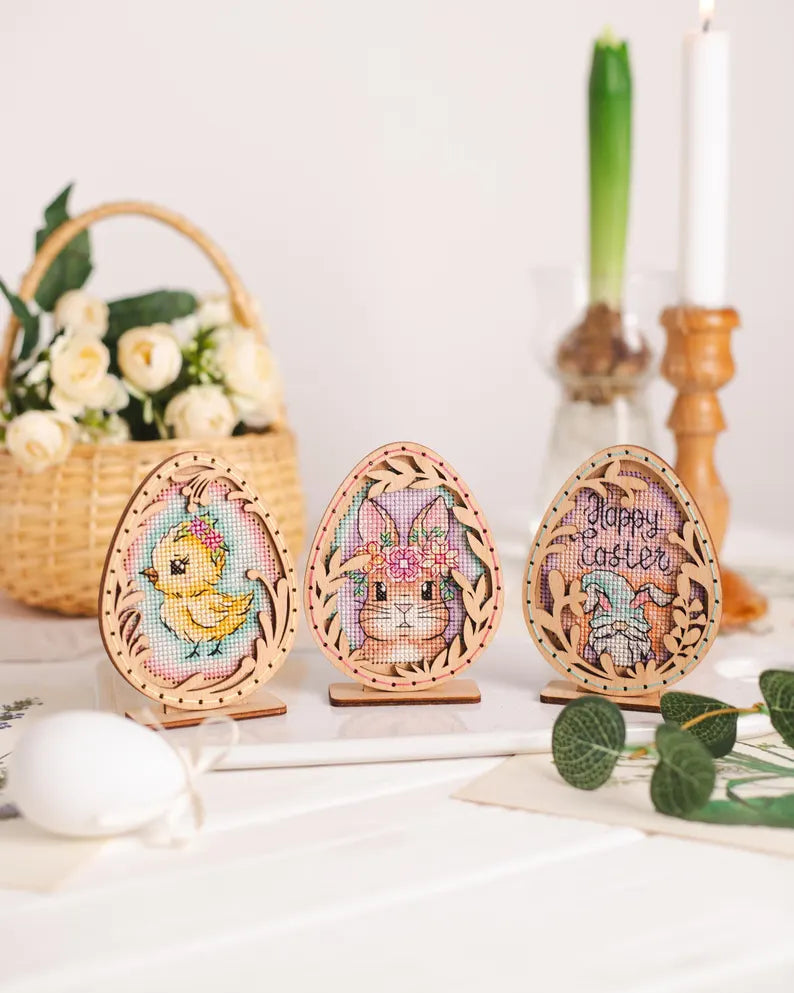 Cross stitch KIT: Easter Eggs, Spring, Flowers, Gnome, Rabbit, Chicken, Plastic canvas, Small, Needlework, Cute, Modern, Cards, Craft, DIY