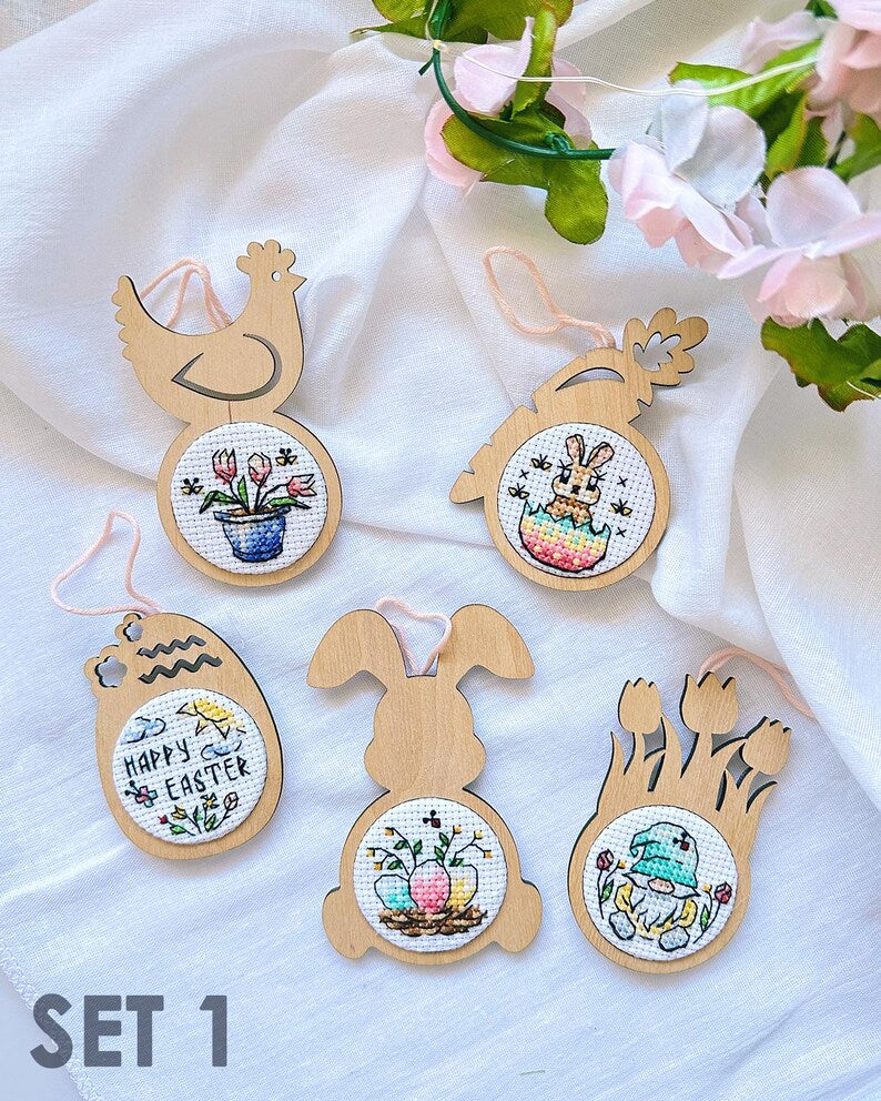 Cross stitch KIT: Easter, Eggs, Spring, Flowers, Gnome, Rabbit, Chicken, Mini gift, Small, Needlework, Cute, Modern, Cards, Craft, DIY