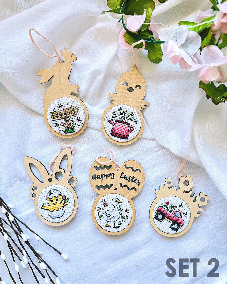 Cross stitch KIT: Easter, Eggs, Spring, Flowers, Gnome, Rabbit, Chicken, Mini gift, Small, Needlework, Cute, Modern, Cards, Craft, DIY