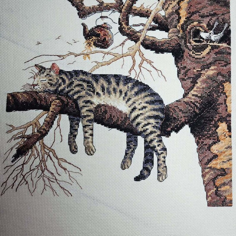 Cross Stitch Pattern Too Tired (Too pooped), Instant Download PDF + XSD Saga, Animal Design, Sleeping cat on a branch, Instant Download Instant Download