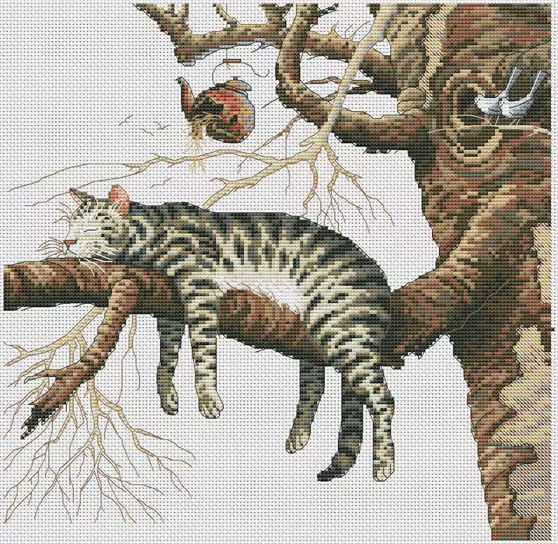 Cross Stitch Pattern Too Tired (Too pooped), Instant Download PDF + XSD Saga, Animal Design, Sleeping cat on a branch, Instant Download Instant Download