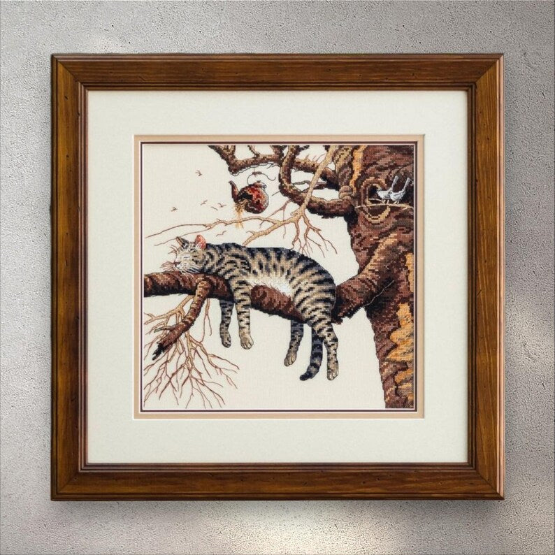 Cross Stitch Pattern Too Tired (Too pooped), Instant Download PDF + XSD Saga, Animal Design, Sleeping cat on a branch, Instant Download Instant Download