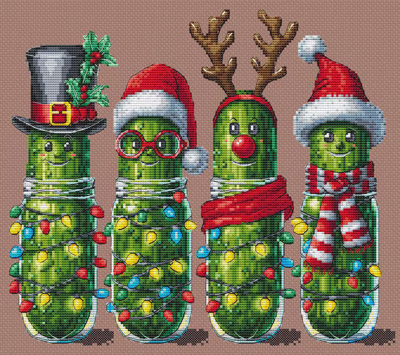 Xmas pickles cross stitch pattern, Christmas cucumbers x-stitch, funny vegetables design, cute food