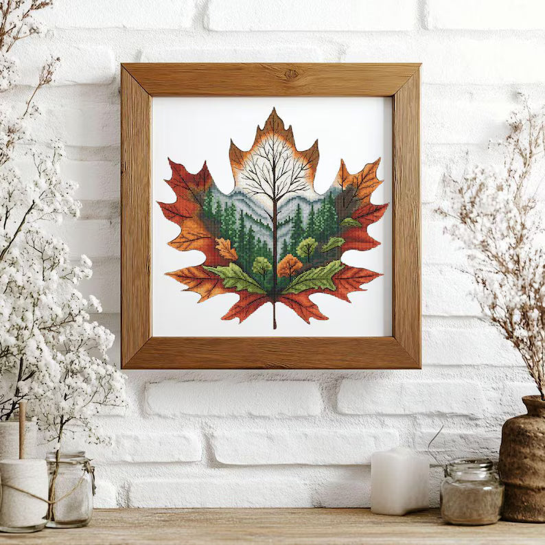 Autumn Leaf Cross Stitch Pattern: Forest Landscape Embroidery (PDF Downloadable Chart)