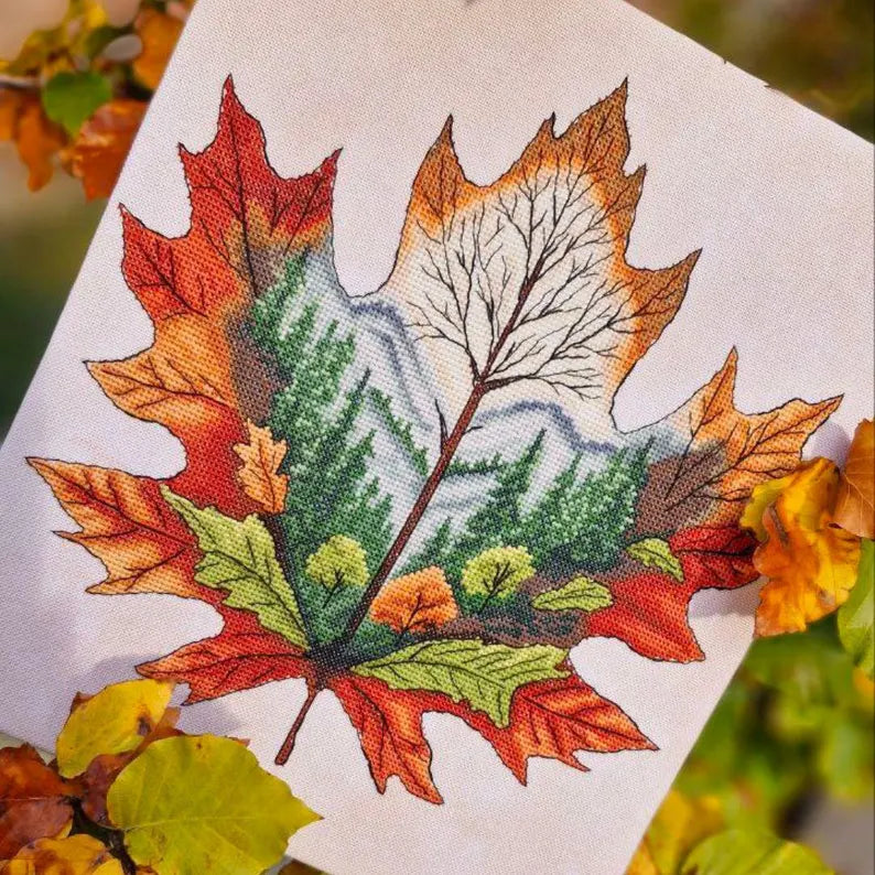 Autumn Leaf Cross Stitch Pattern: Forest Landscape Embroidery (PDF Downloadable Chart)