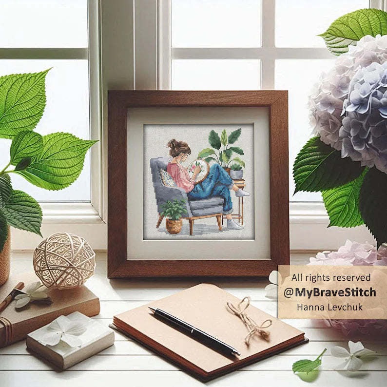 Girl Stitching Cross Stitch Pattern (PDF Digital Download)