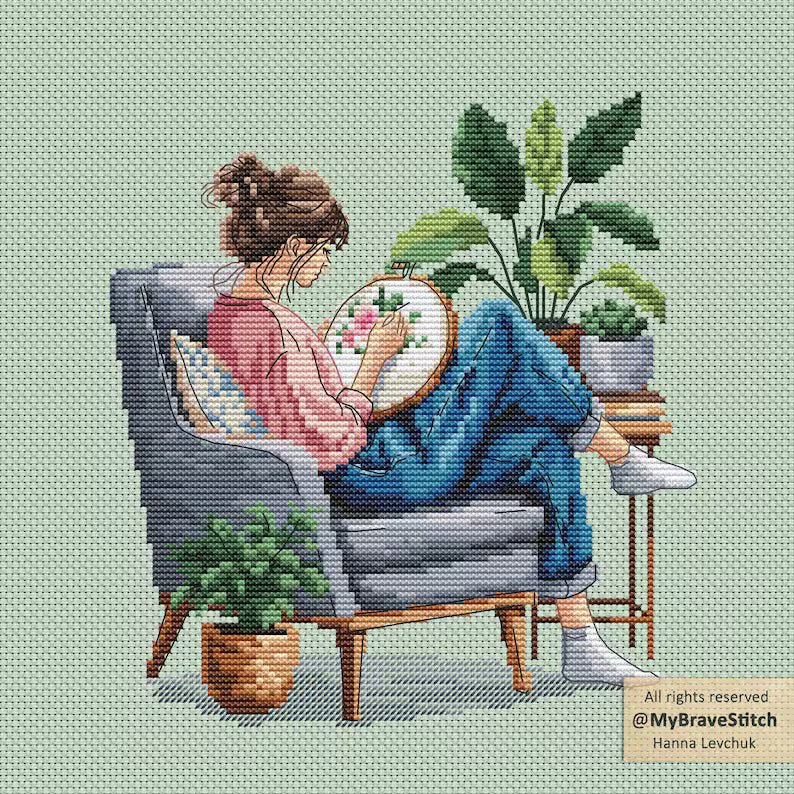 Girl Stitching Cross Stitch Pattern (PDF Digital Download)