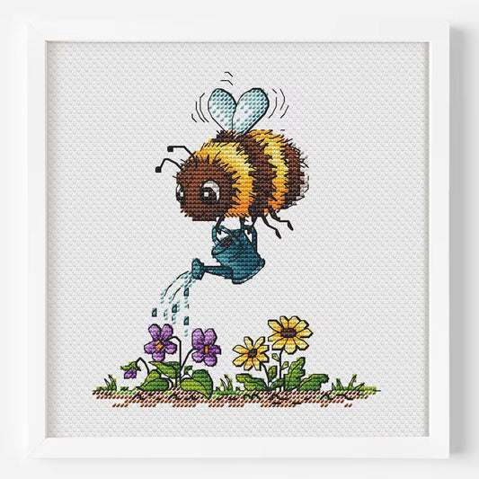 Bee Cross Stitch Pattern PDF Bumblebee Watering Spring Garden Instant Download Digital File