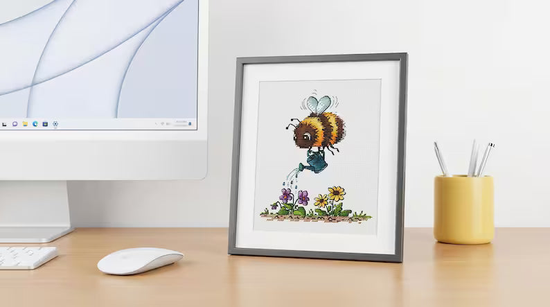 Bee Cross Stitch Pattern PDF Bumblebee Watering Spring Garden Instant Download Digital File