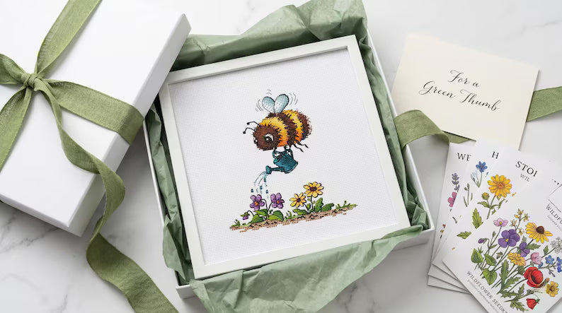 Bee Cross Stitch Pattern PDF Bumblebee Watering Spring Garden Instant Download Digital File