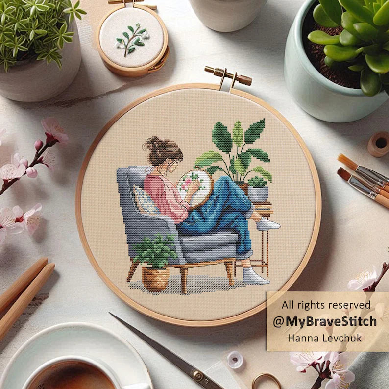 Girl Stitching Cross Stitch Pattern (PDF Digital Download)